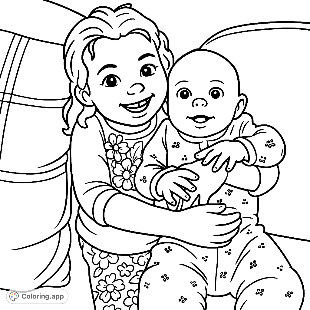 A heartwarming illustration of two siblings, an older sister embracing her baby, showcasing a tender family moment perfect for coloring and creating cherished memories.