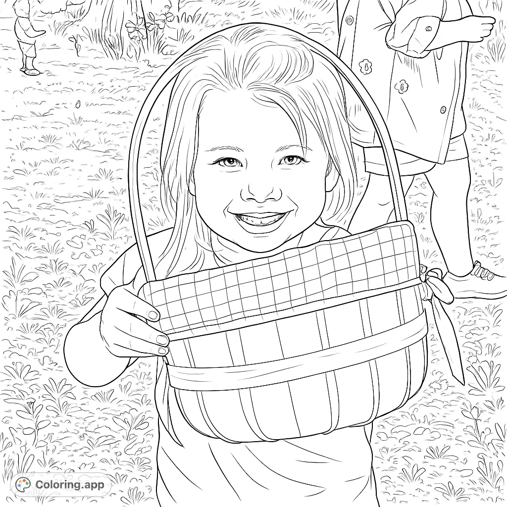 A joyful child holds a patterned basket, ready for outdoor adventure. This charming coloring page is perfect for little ones and spring-themed fun!