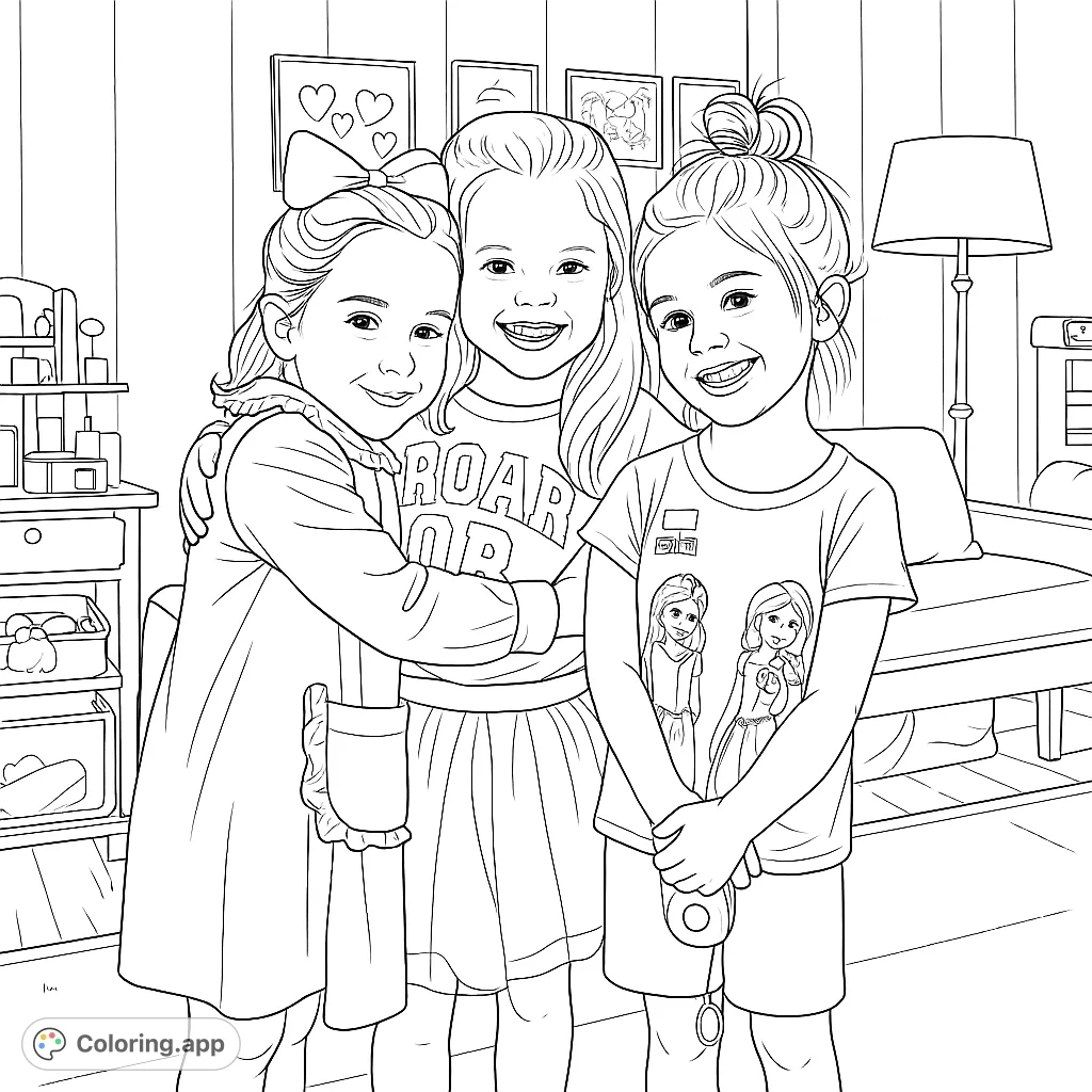 Three joyful girls embrace, sharing a warm moment. A delightful scene for young colorists to capture the spirit of friendship and happiness.