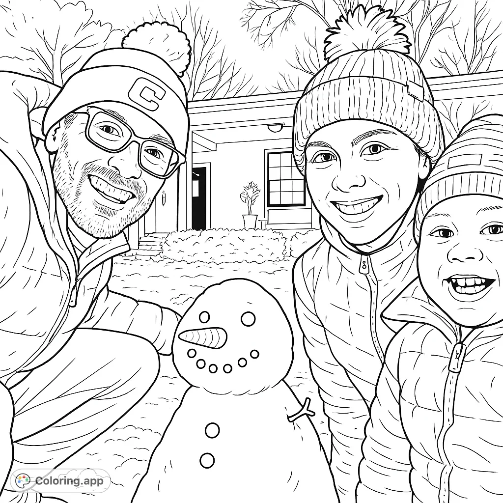 Capture the warmth of a family building a cheerful snowman in a winter landscape. A heartwarming scene ready for your creative touch.