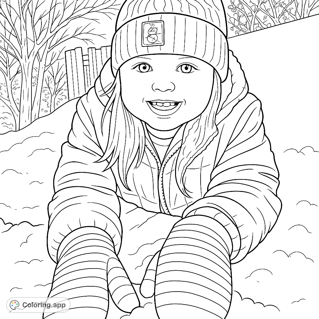 A delightful scene of a young child bundled in winter gear, smiling while playing in the snow. Features a textured hat, quilted jacket, and striped mittens.