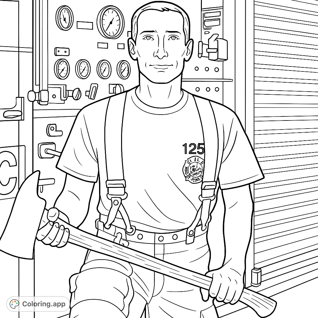 A heroic firefighter stands ready with an axe, uniform detailed and gauges visible in the background. A powerful tribute to community service.