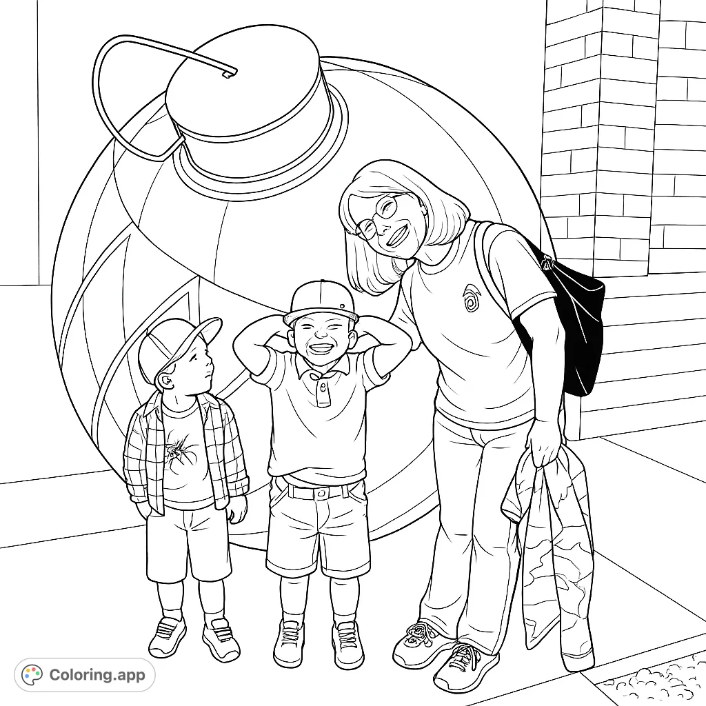 A cheerful family moment featuring a giant, multi-faceted ornament, an adult, and two smiling boys. Perfect for holiday spirit and creative expression.