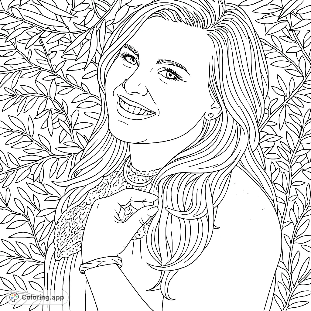 A vibrant portrait of a smiling woman with flowing hair and detailed attire against a leafy background. Perfect for personal expression and creative coloring.