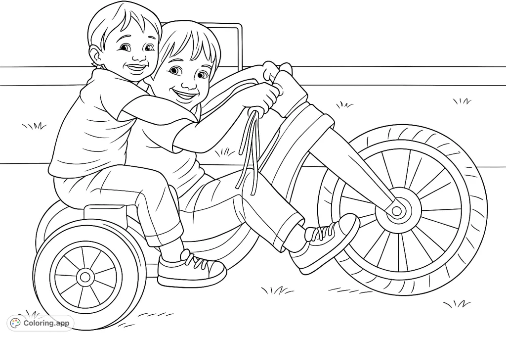 Two happy children share a classic tricycle adventure, beaming with smiles. A perfect childhood memory coloring page for fun and creativity!