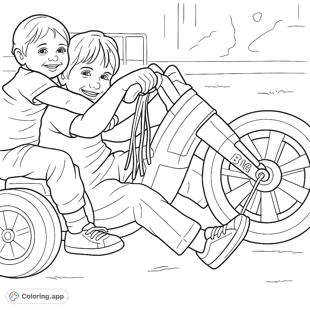 Two joyful friends on a classic big wheel tricycle, sharing a moment of childhood adventure. A nostalgic scene perfect for creative coloring fun.