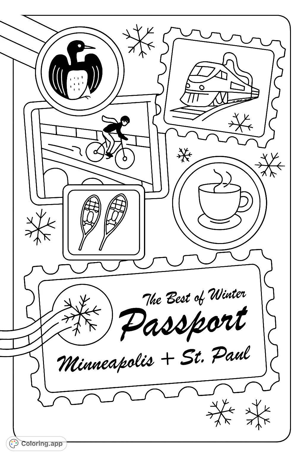 Discover a fun winter passport coloring page with various vignettes: a train, a cyclist on a bridge, snowshoes, a steaming mug, and a bird symbol.