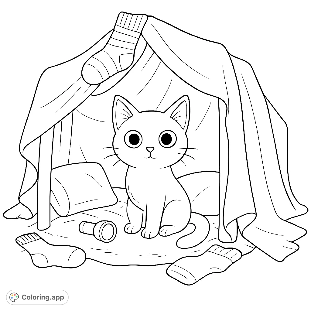 Explore a charming cat fort with a wide-eyed feline, a flashlight, and cozy blankets. A delightful cat fort coloring page for kids and cat lovers to personalize with their favorite hues.