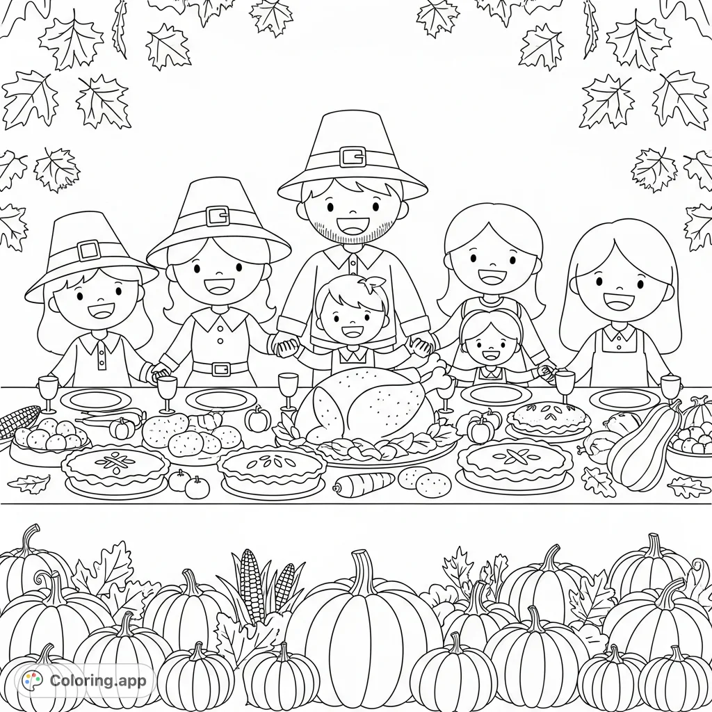 A heartwarming Thanksgiving coloring page featuring a happy family, a grand feast with turkey and pies, surrounded by pumpkins and autumn leaves, celebrating gratitude.