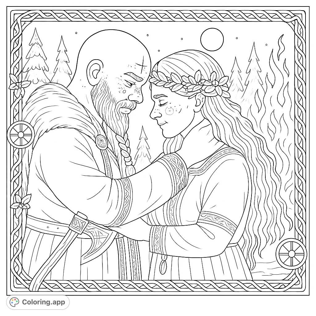 A powerful man and woman embrace under a starry winter sky, surrounded by ancient symbols and forest elements. An enchanting Norse mythology coloring page.