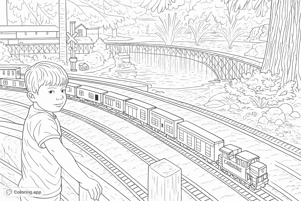 Explore a delightful miniature train scene with a young child observing the detailed tracks, trains, bridges, and a playful fountain in a whimsical landscape.