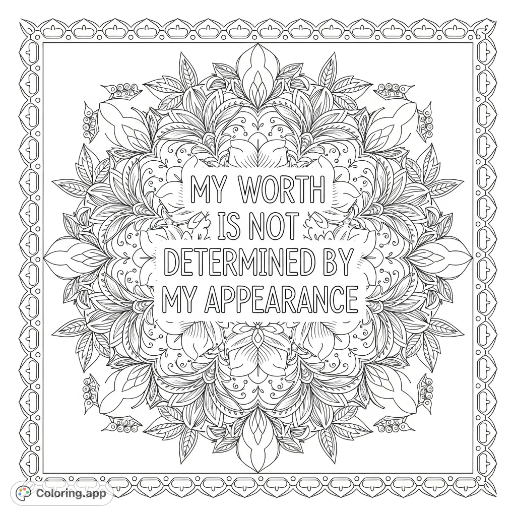 A mindful affirmation coloring page featuring "My worth is not determined by my appearance," surrounded by intricate floral mandala patterns. Find calm.
