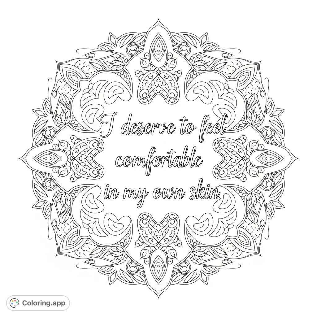 A mindful coloring page featuring the affirmation, "I deserve to feel comfortable in my own skin," surrounded by intricate floral and mandala patterns, promoting peace.