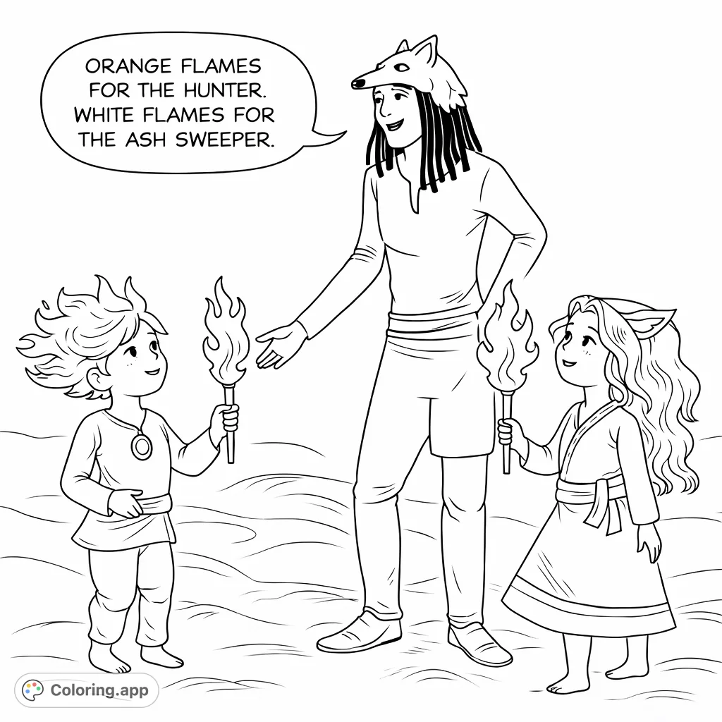 Embark on a mythical journey with three torch bearers. This fantasy coloring page features an adult and two children holding torches on a cloud-like landscape.