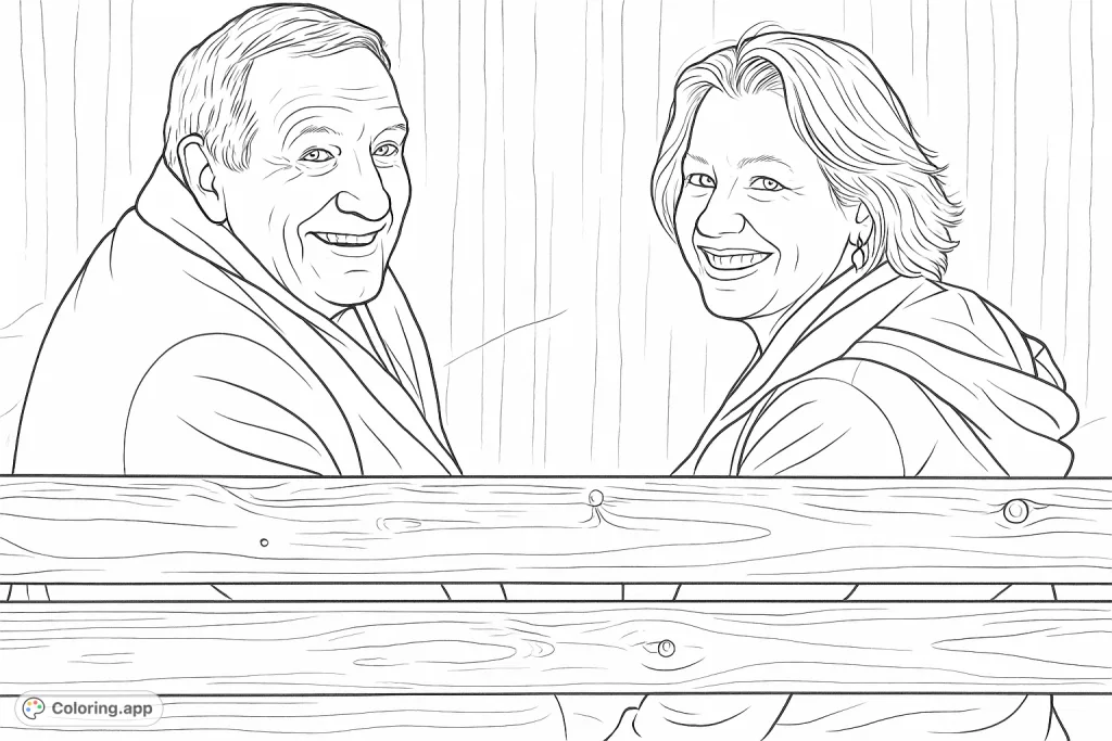A heartwarming coloring page featuring a happy couple smiling from behind a rustic wooden bench, perfect for personalizing with warmth and joy.