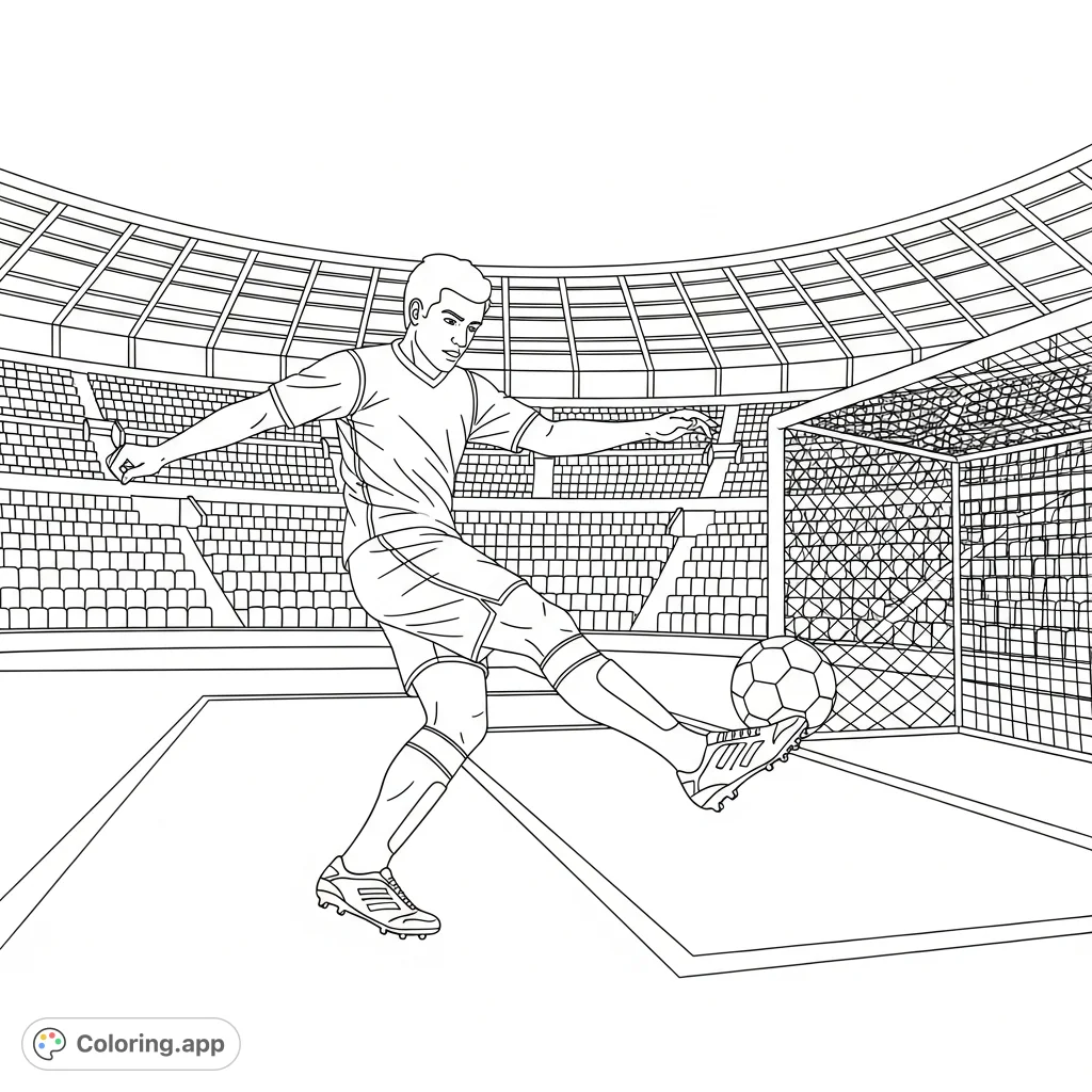 Capture the excitement of a football player taking a powerful shot at goal in a grand stadium. A thrilling sports scene ready for your creative touch!