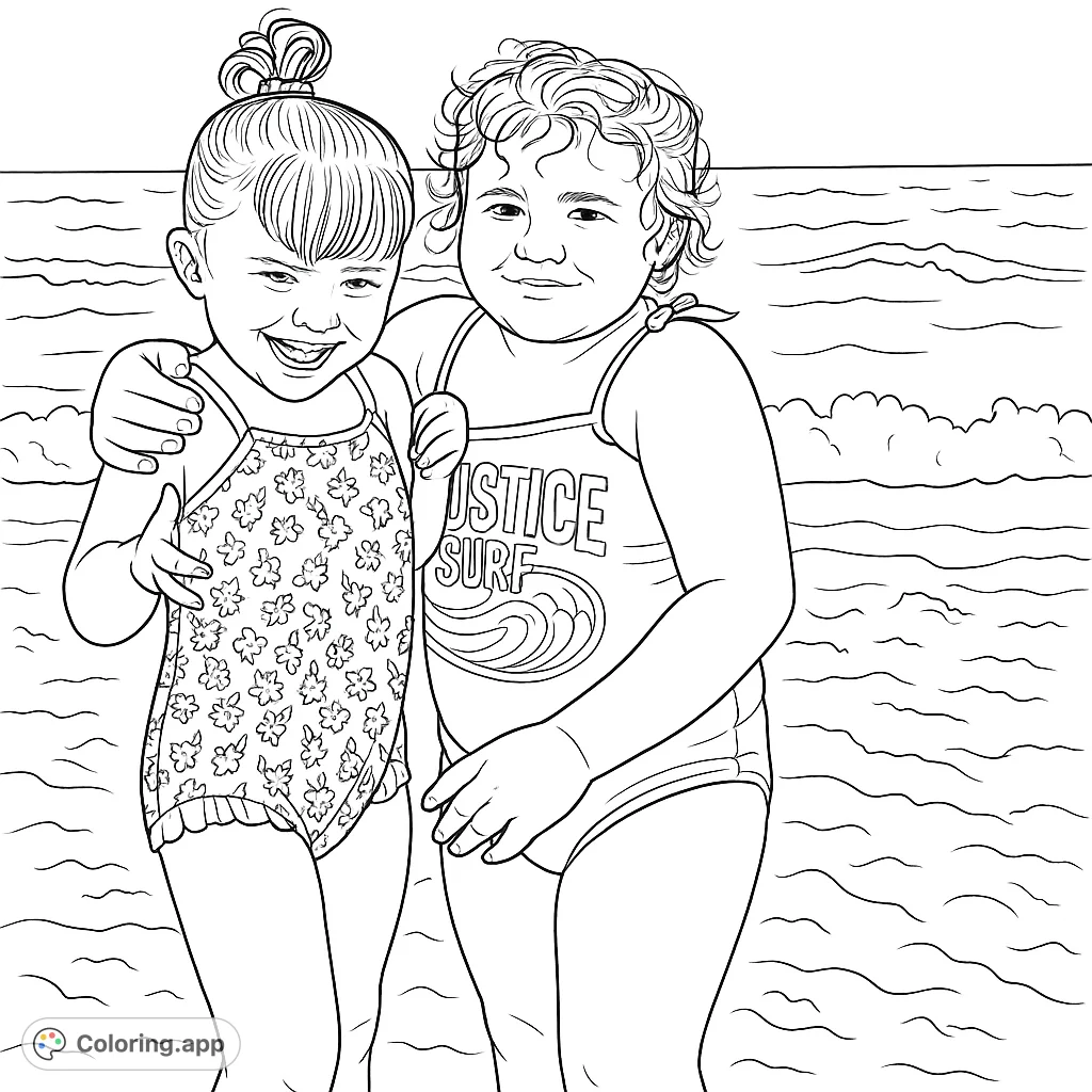 Two cheerful children enjoying a sunny beach day, posing together by the ocean. Features patterned swimsuits, sandy shore, and gentle waves for a fun coloring adventure.
