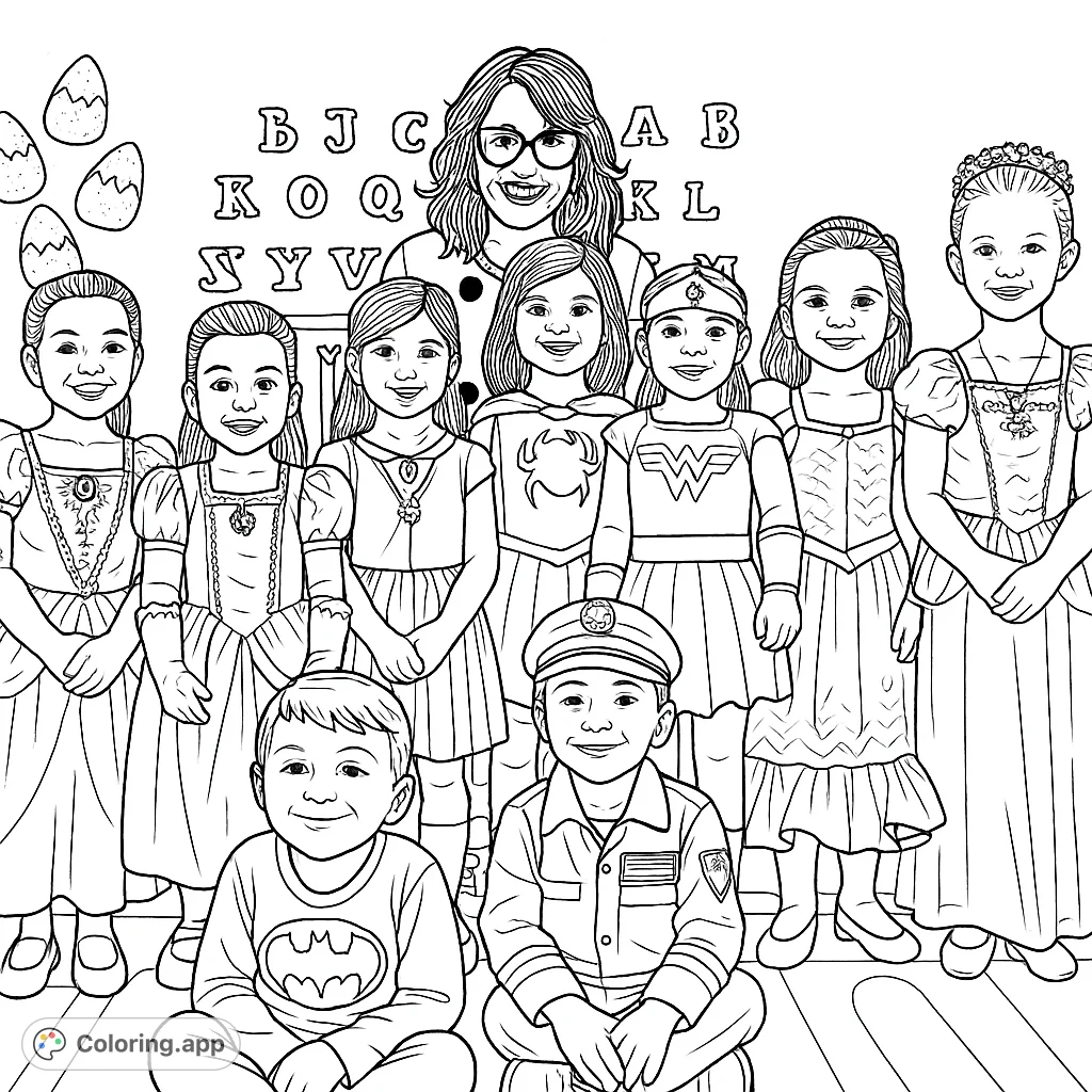 A cheerful group of children and an adult in a variety of imaginative costumes, including princesses, superheroes, a mermaid, and a police officer, posing together.