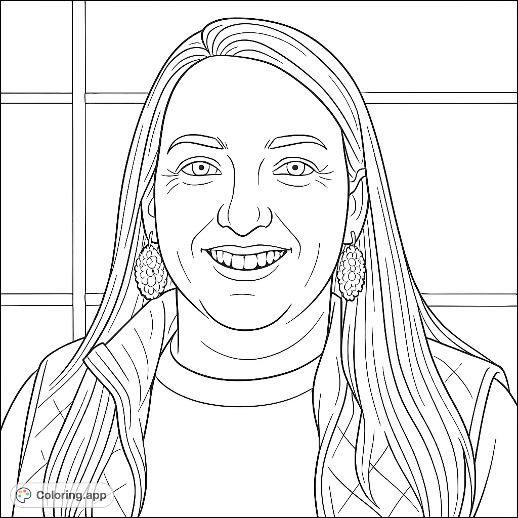 Capture the warmth of a smiling woman in this detailed portrait coloring page, featuring textured hair, elegant earrings, and a quilted vest.