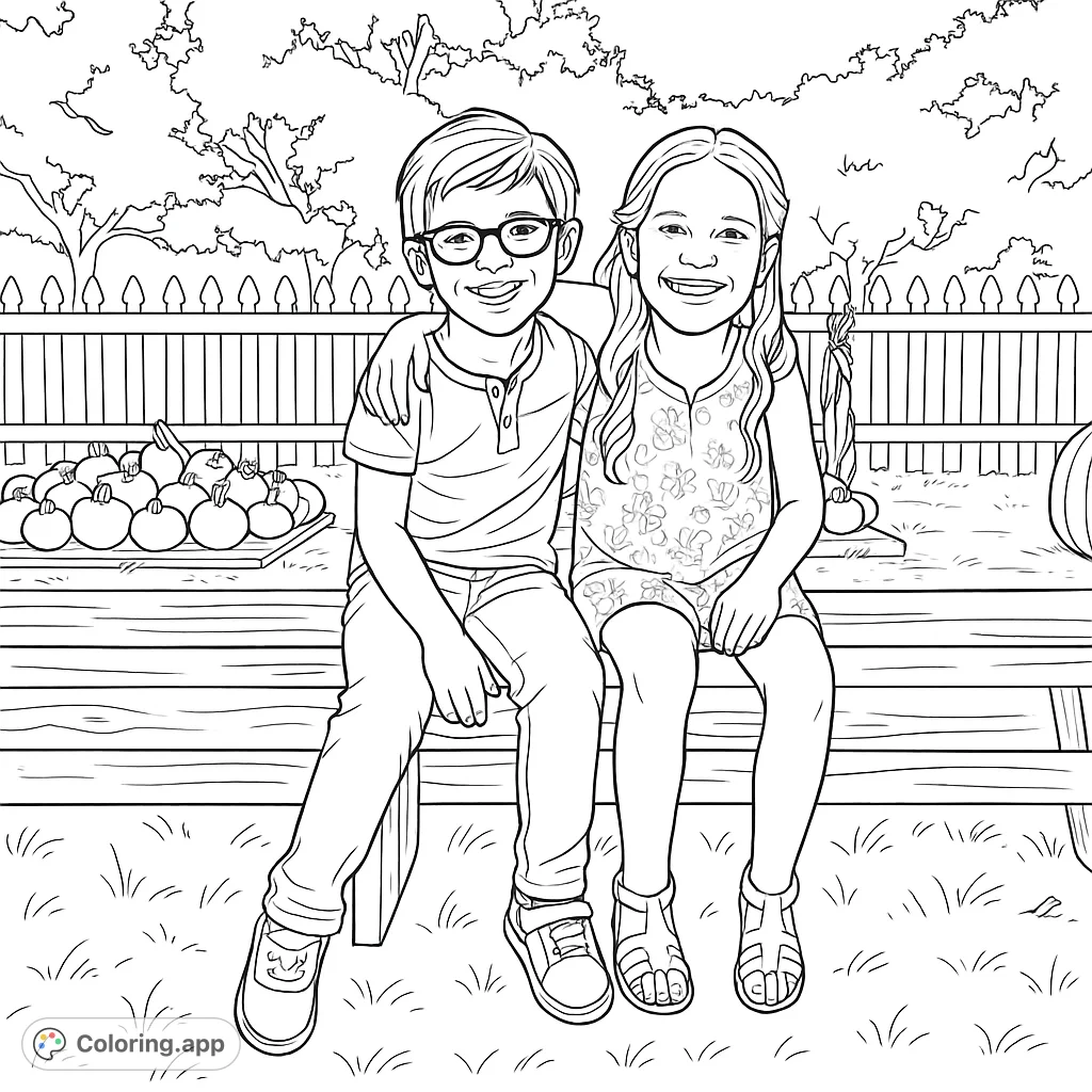 A delightful autumn scene featuring two smiling children on a bench, surrounded by pumpkins and a charming picket fence, perfect for coloring.