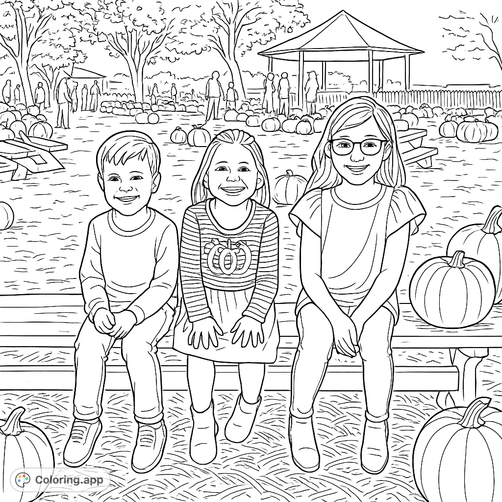 Three cheerful children enjoy a pumpkin patch, surrounded by bountiful gourds and autumn hay. A delightful scene for fall coloring fun.