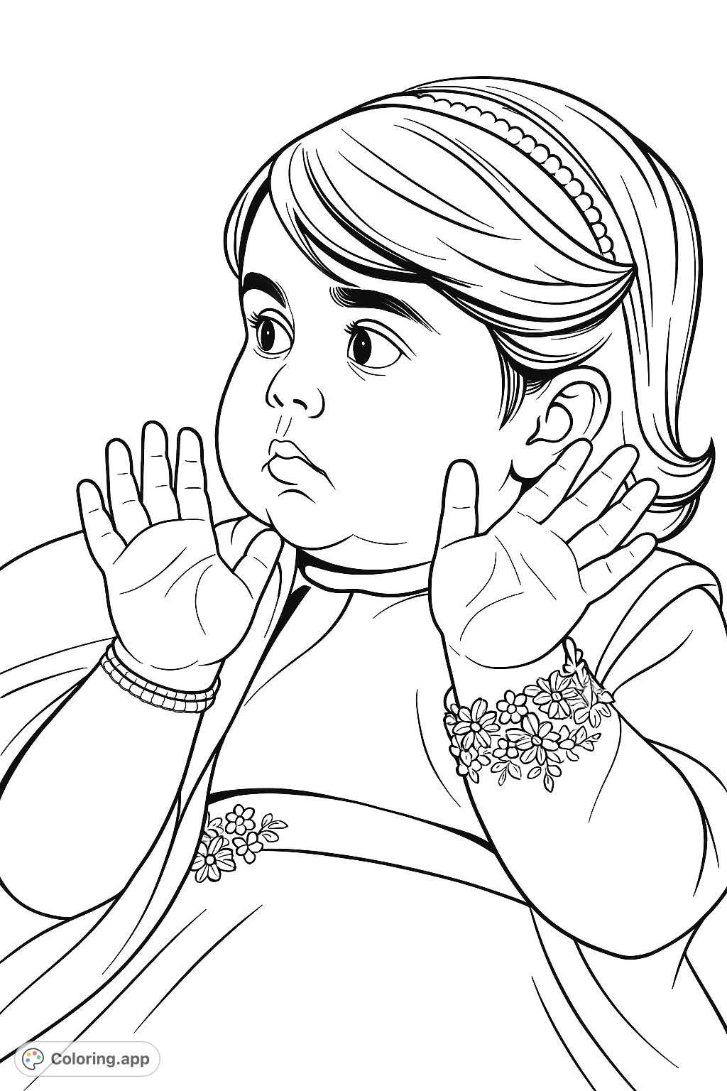 A cute child with a surprised expression and hands raised, wearing a decorative garment and ornate jewelry. Perfect for capturing whimsical innocence.