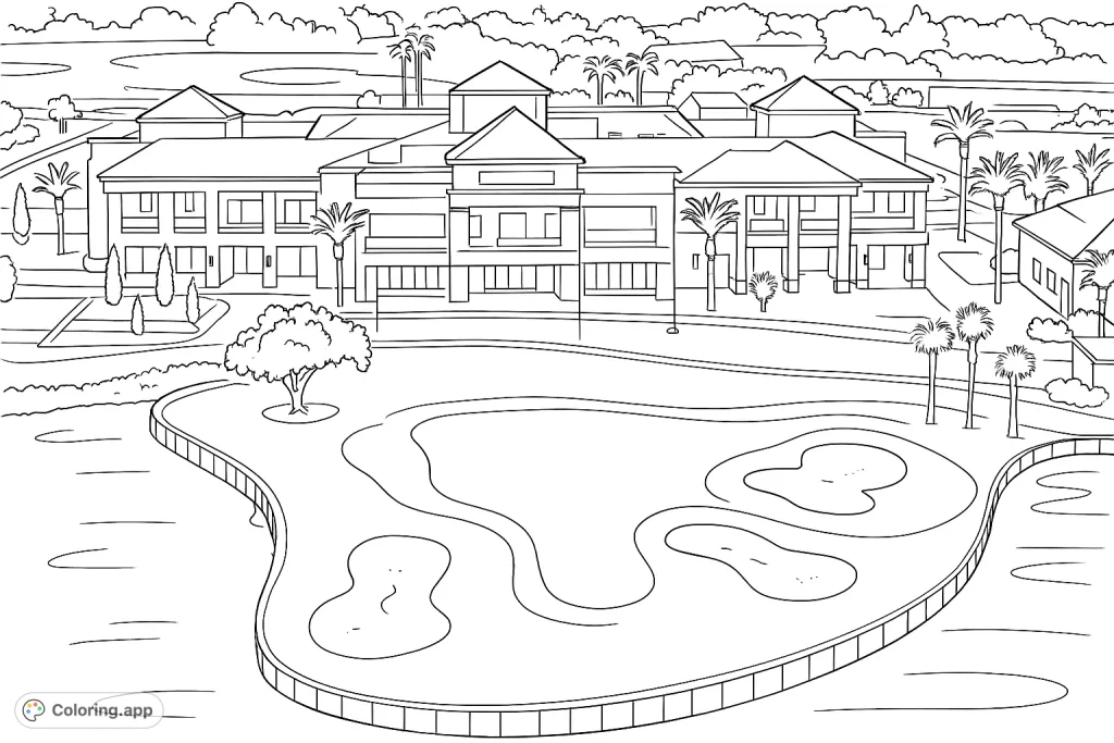 Color a detailed aerial view of an elegant golf clubhouse overlooking a sculpted green with sand traps, a serene pond, and lush palm trees.