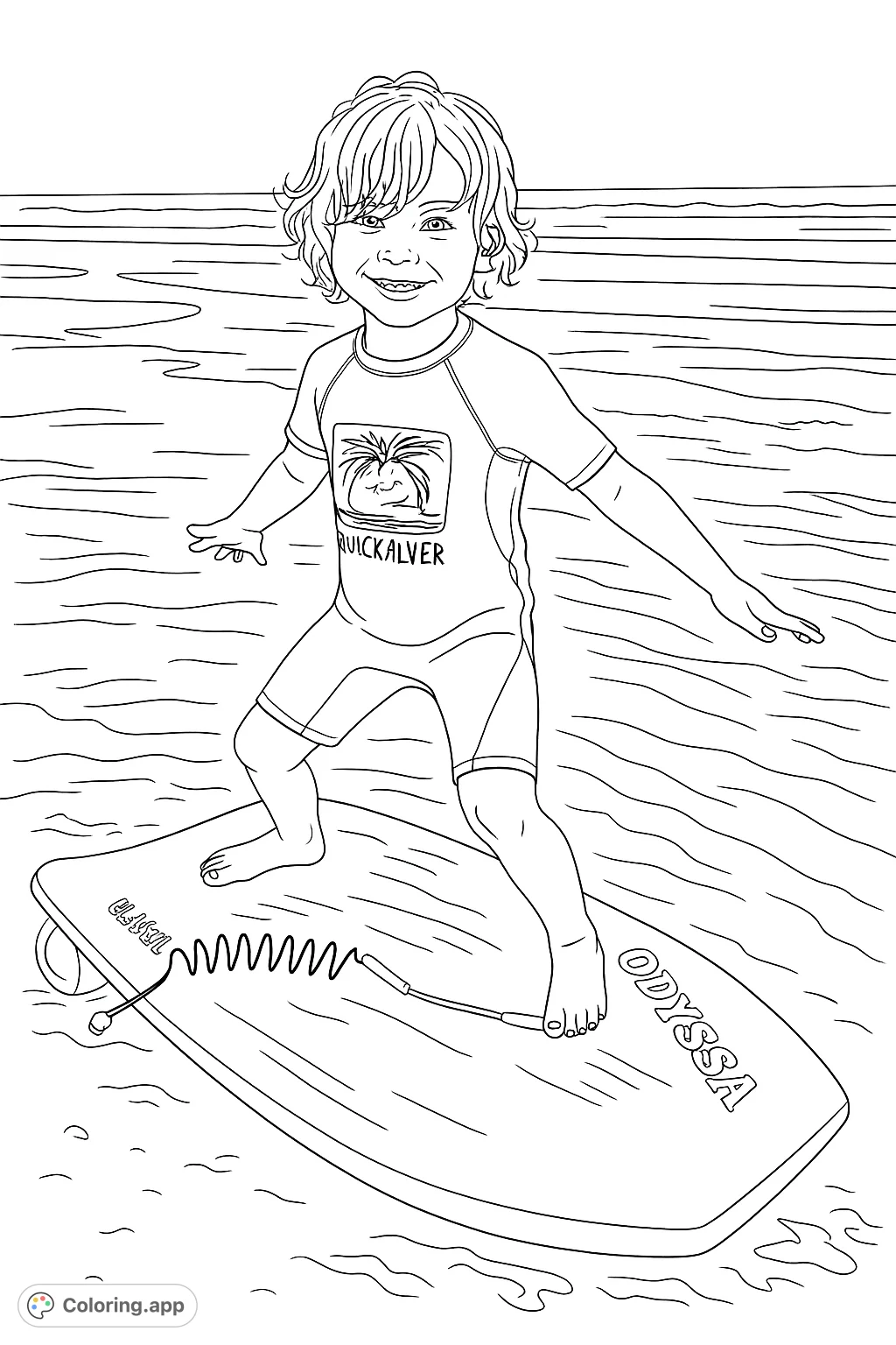 Capture the joy of a child on a boogie board at the beach. This fun coloring page features a happy kid ready for ocean adventures.