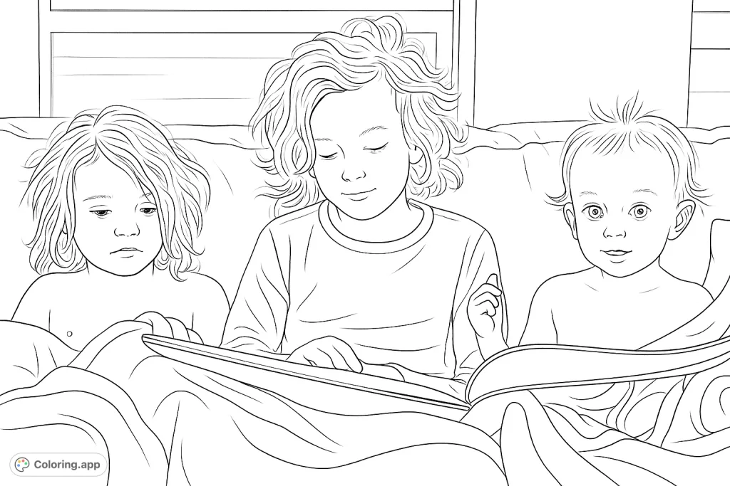 A heartwarming scene of three young siblings sharing a book on a cozy couch, captured in a delightful line art drawing perfect for coloring.