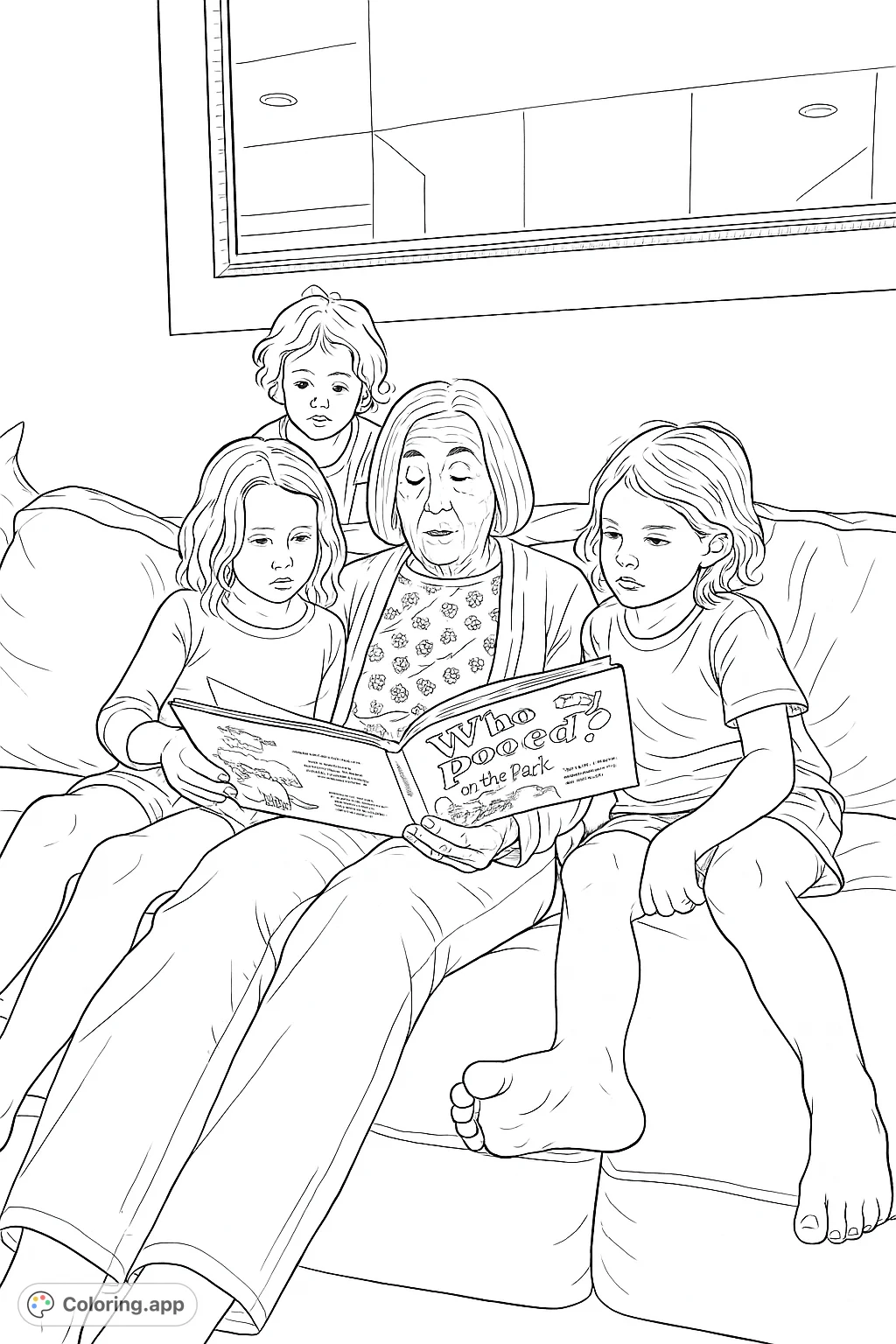 Capture a heartwarming family moment with this story time coloring page featuring a grandparent reading to three captivated children on a cozy sofa.
