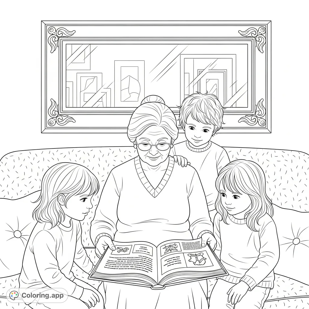A heartwarming free printable coloring page featuring a grandmother reading a book to three captivated children on a cozy sofa. Perfect for family and bonding themes.