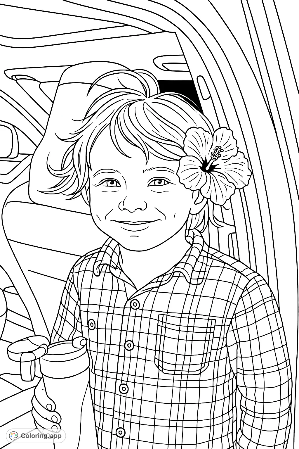 Capture the cheerful spirit of a child with a tropical flower and plaid shirt in this delightful, free printable coloring page.