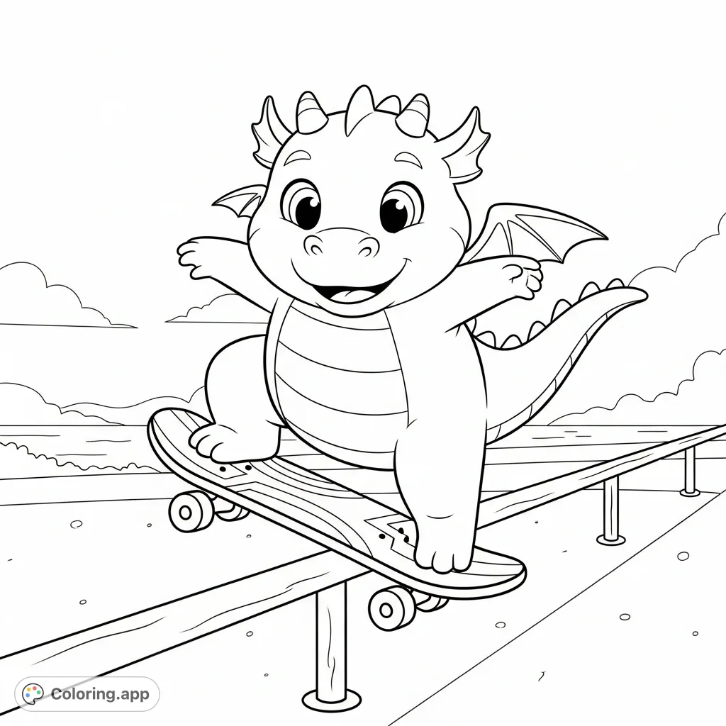 A friendly, rounded dragon expertly balances on a patterned skateboard, sliding down a rail against a breezy seaside backdrop. Perfect for a fun, action-packed coloring experience.