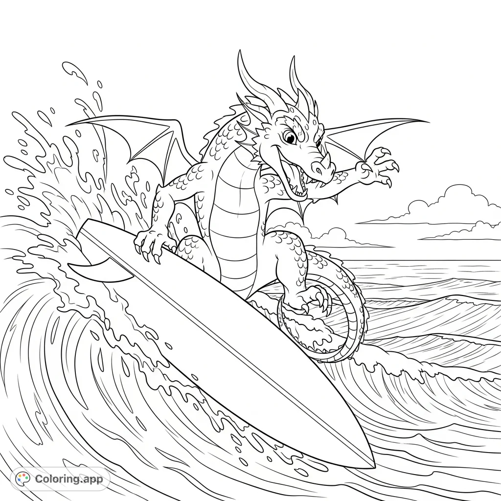 Catch a wave with this playful dragon surfing coloring page! Dynamic poses, ocean splashes, and a joyful dragon await your creative touch.