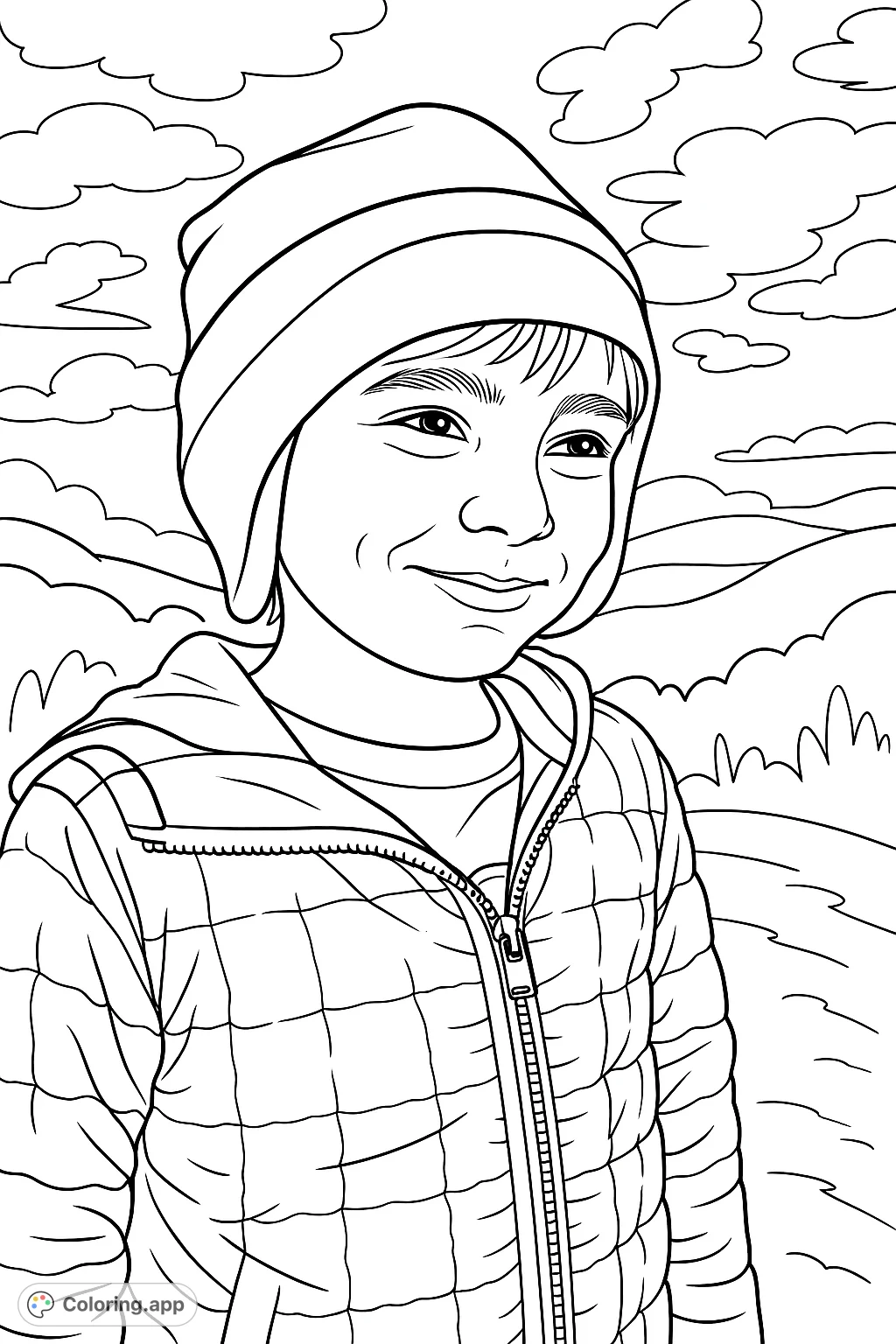 Capture the heartwarming smile of a young child in a cozy, striped hat and quilted jacket, set against a gentle outdoor backdrop. A delightful portrait.