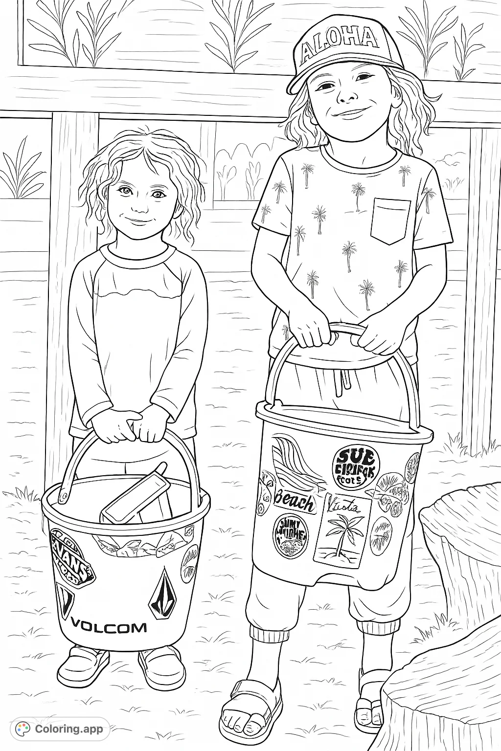 Two smiling children stand with their uniquely decorated buckets under a wooden structure. A fun scene for kids to color and explore creativity.