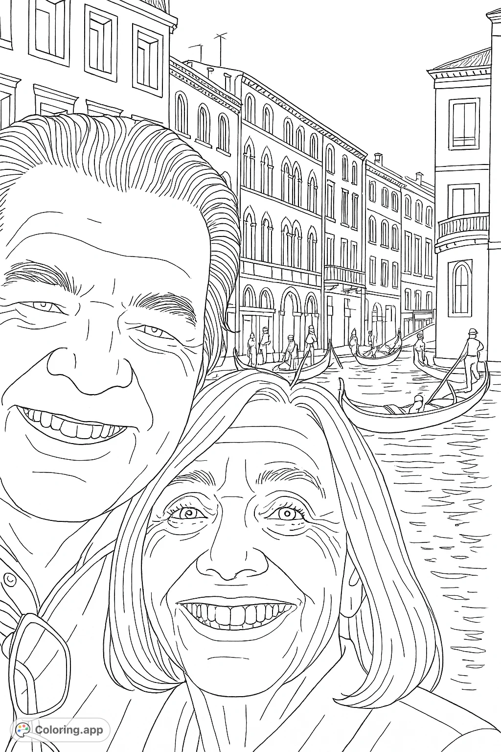 Capture a joyous moment in Venice! This coloring page features two smiling faces in the foreground with a classic canal scene, gondolas, and historic architecture behind.