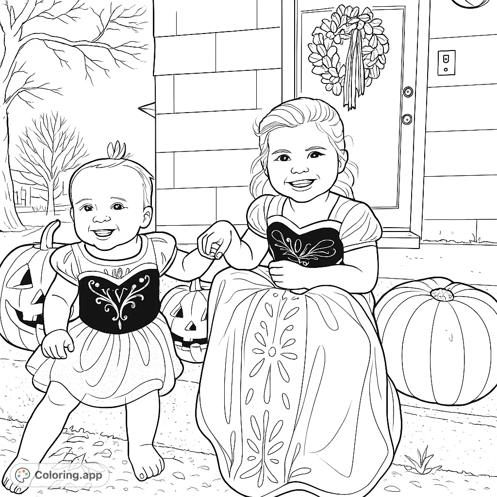 A delightful Halloween fun coloring page featuring two smiling sisters in festive outfits, surrounded by carved pumpkins on a charming porch setting.