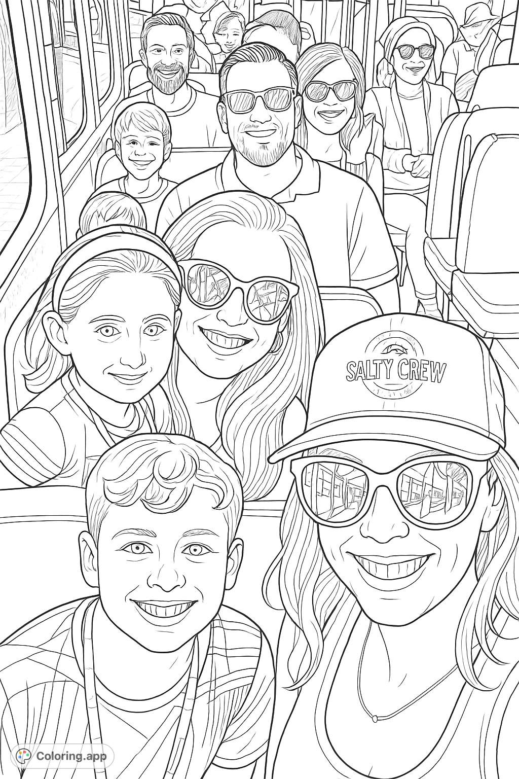 Join a joyful group of smiling passengers on an exciting tour bus adventure! This cheerful scene offers fun for all ages with engaging faces and scenic reflections.