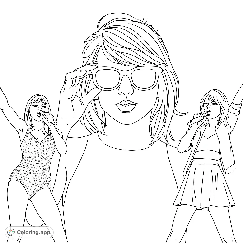 Capture the energy of a renowned pop star with this dynamic pop star coloring page featuring three distinct poses. A free printable coloring page for fans of music.