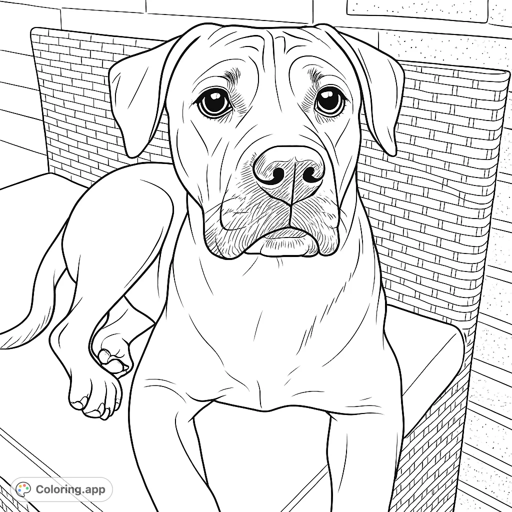 A charming dog rests comfortably on an outdoor chair, its expressive face and relaxed posture inviting a creative coloring session. Perfect for all dog lovers.