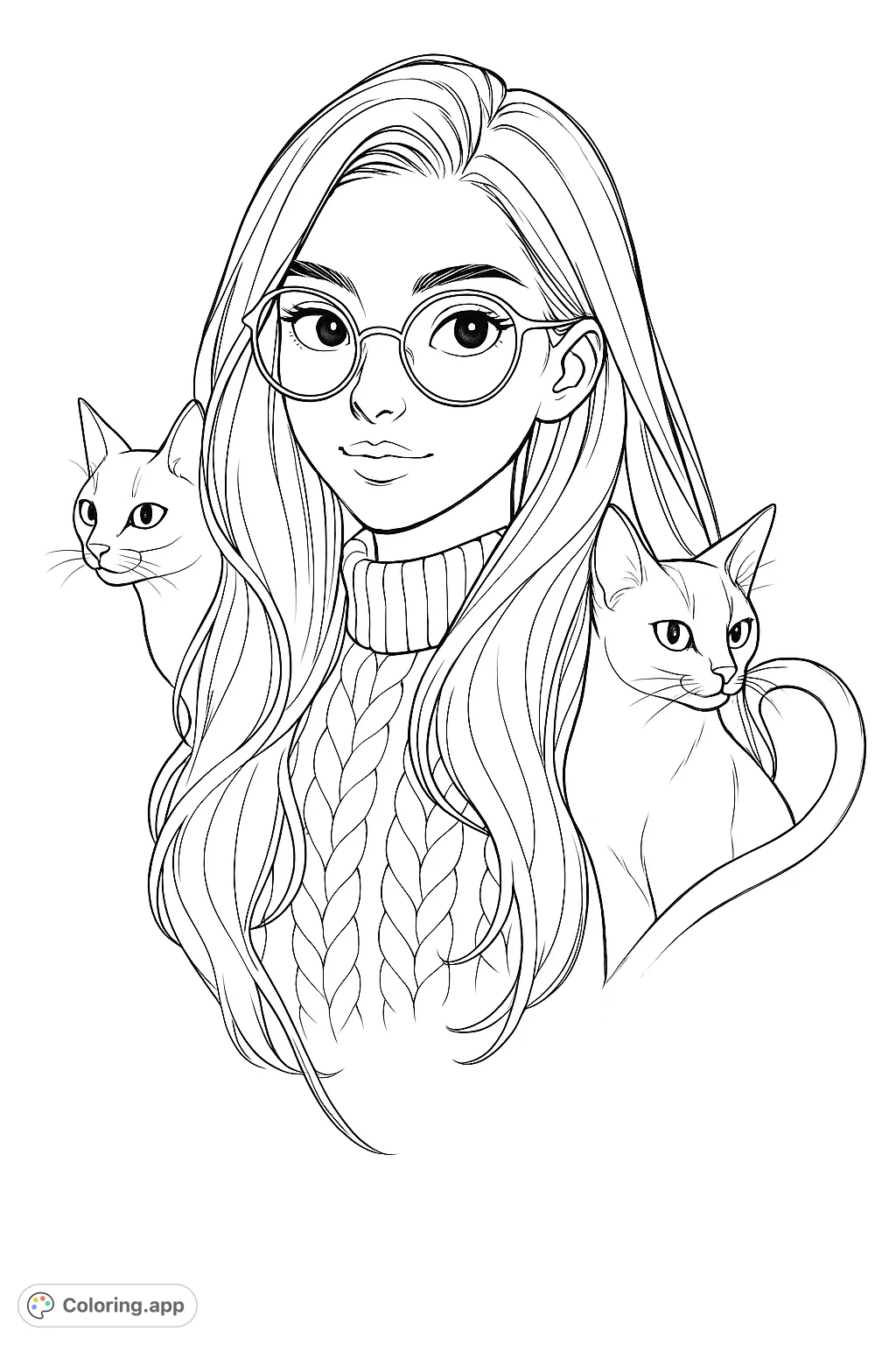 A charming portrait of a girl with long hair and glasses, accompanied by two expressive cats. Perfect for pet lovers and character art enthusiasts.