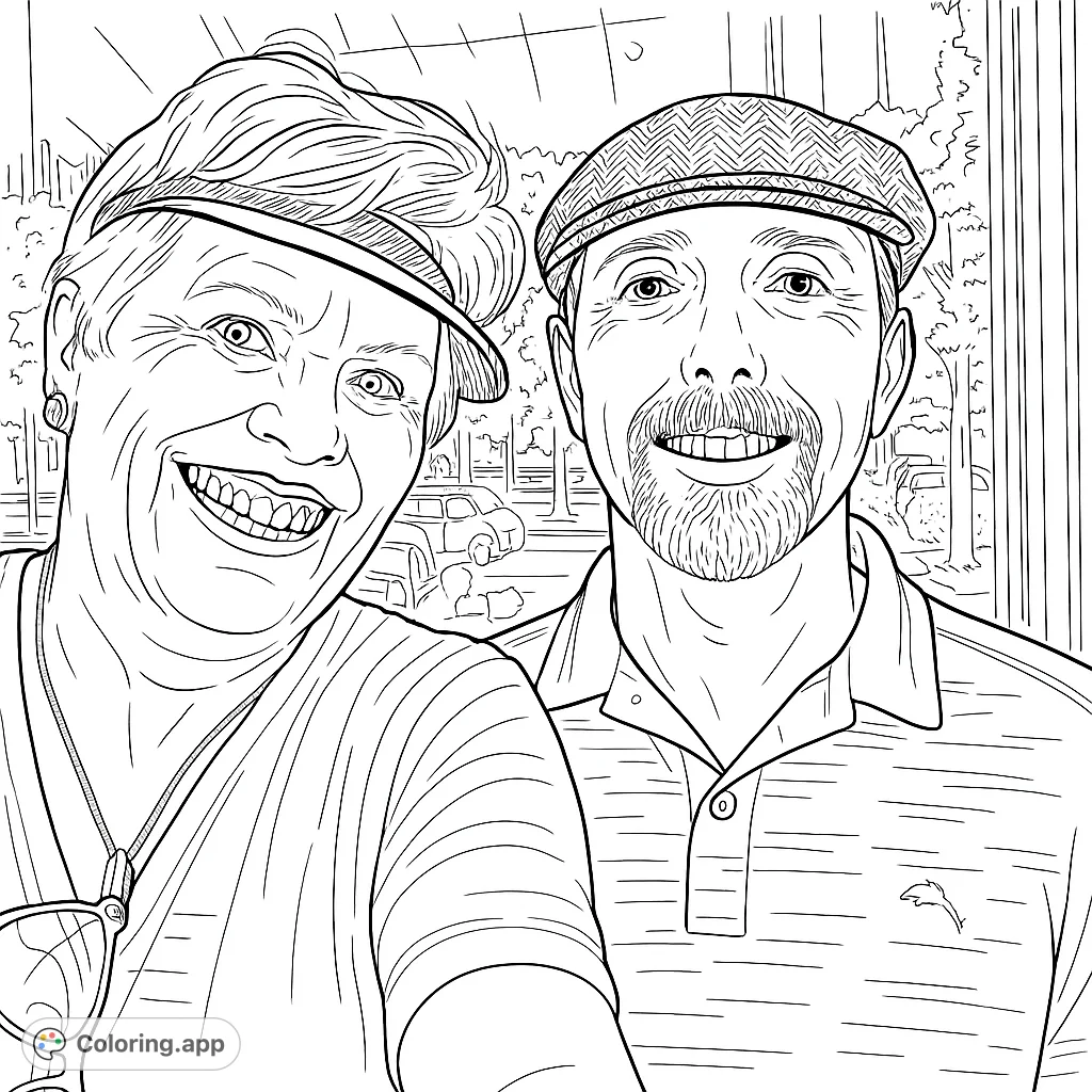 Capture the warmth of two smiling individuals, a woman in a visor and a man in a flat cap, set against a subtle urban backdrop. Perfect for personal expression.