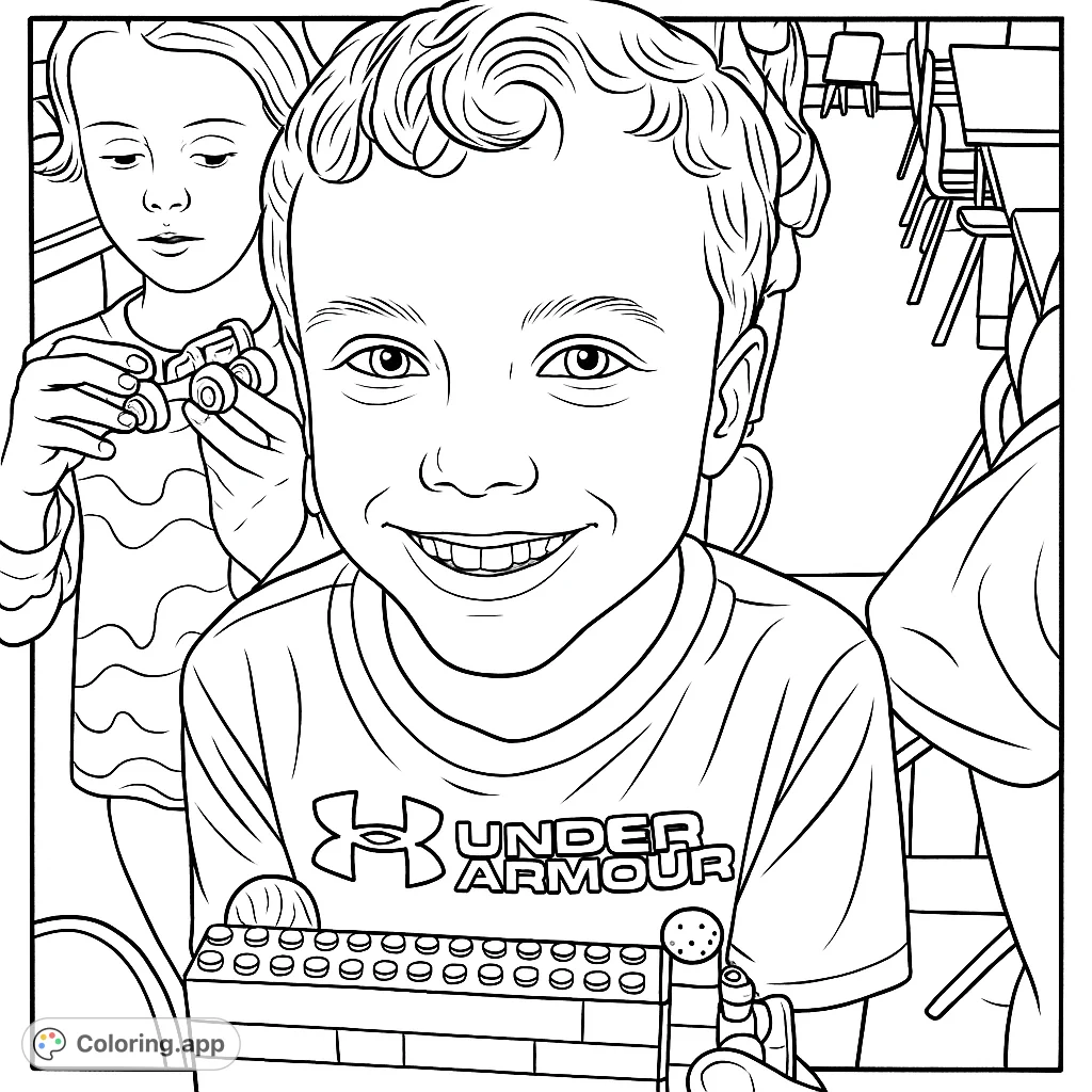 A cheerful boy proudly holds his construction toy, showcasing a wide smile. A fun, engaging page for kids to bring their creativity to life in a classroom setting.