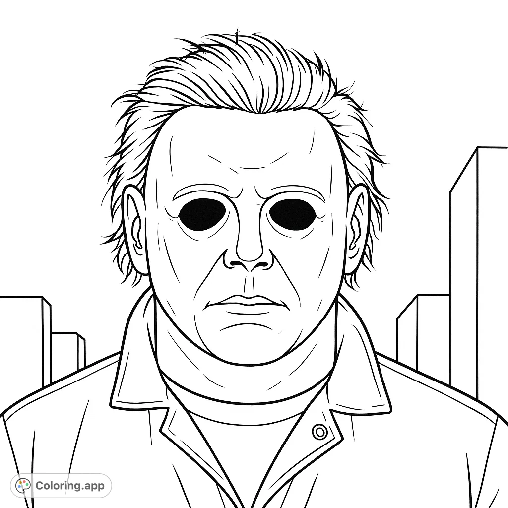 Color this chilling portrait of a masked figure, featuring a haunting blank expression and disheveled hair, set against a desolate urban backdrop.