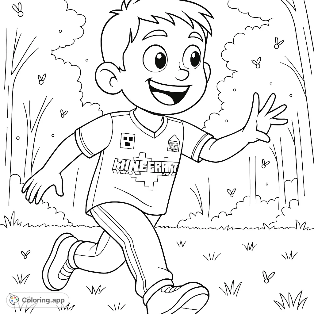 A joyful boy in a Minecraft-themed shirt runs through a mystical forest, reaching out to numerous glowing insect-like forms. A fun, adventurous scene for young gamers.
