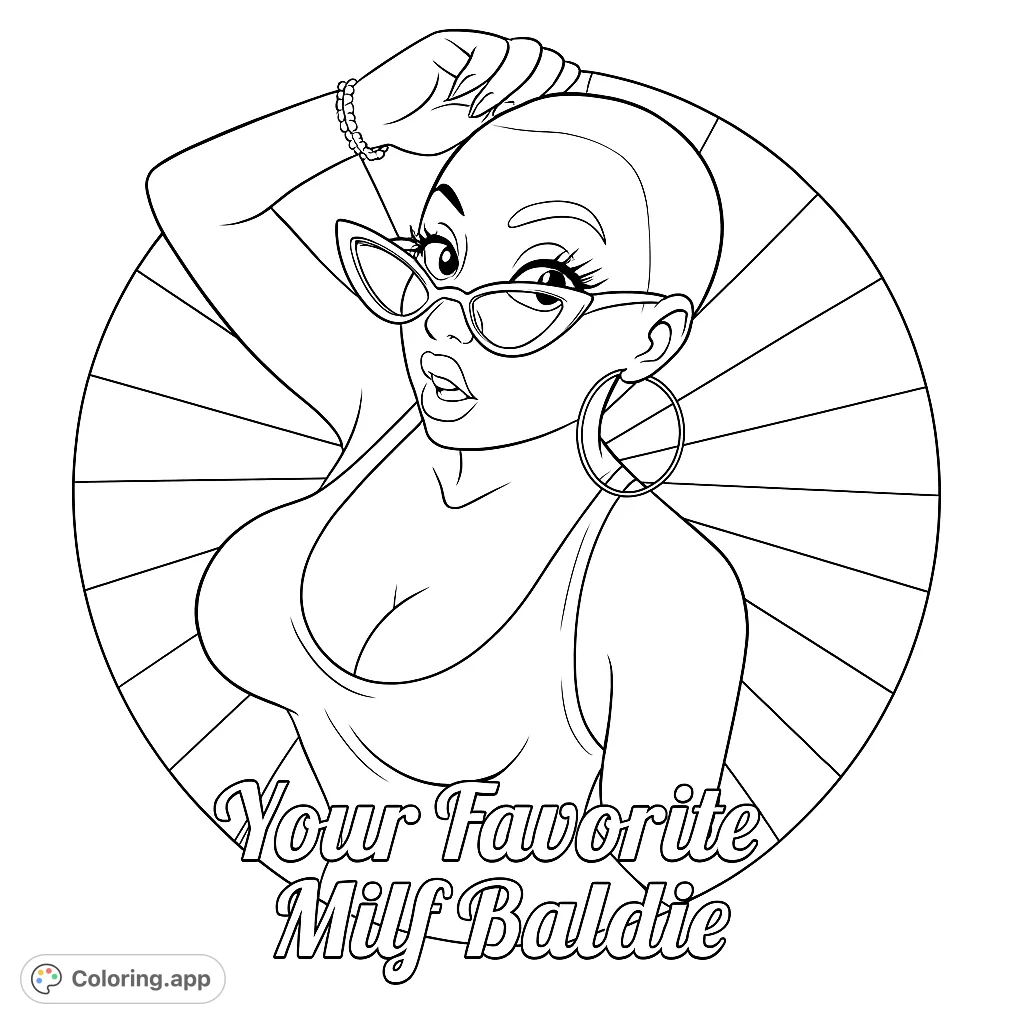 A contemporary woman with a shaved head and stylish sunglasses, striking a confident pose against a vibrant radial background, perfect for creative coloring.