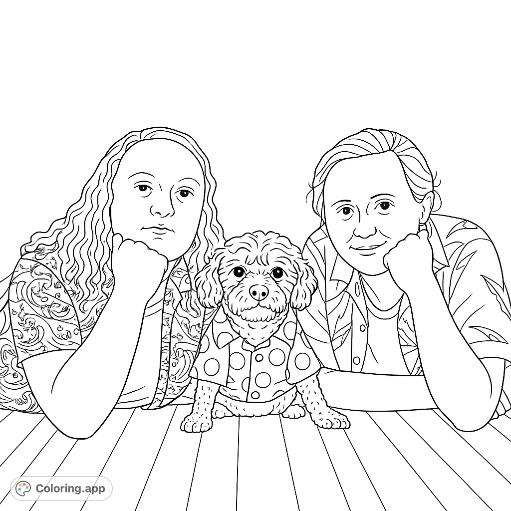 Capture a heartwarming family moment with this intricate coloring page featuring two individuals and their charming dog, all smiling together.