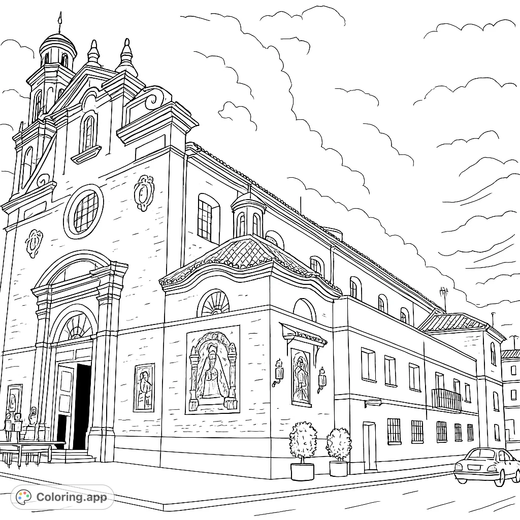 An intricate historic church facade with ornate architectural details, twin towers, and detailed mosaic artworks, perfect for experienced colorists.