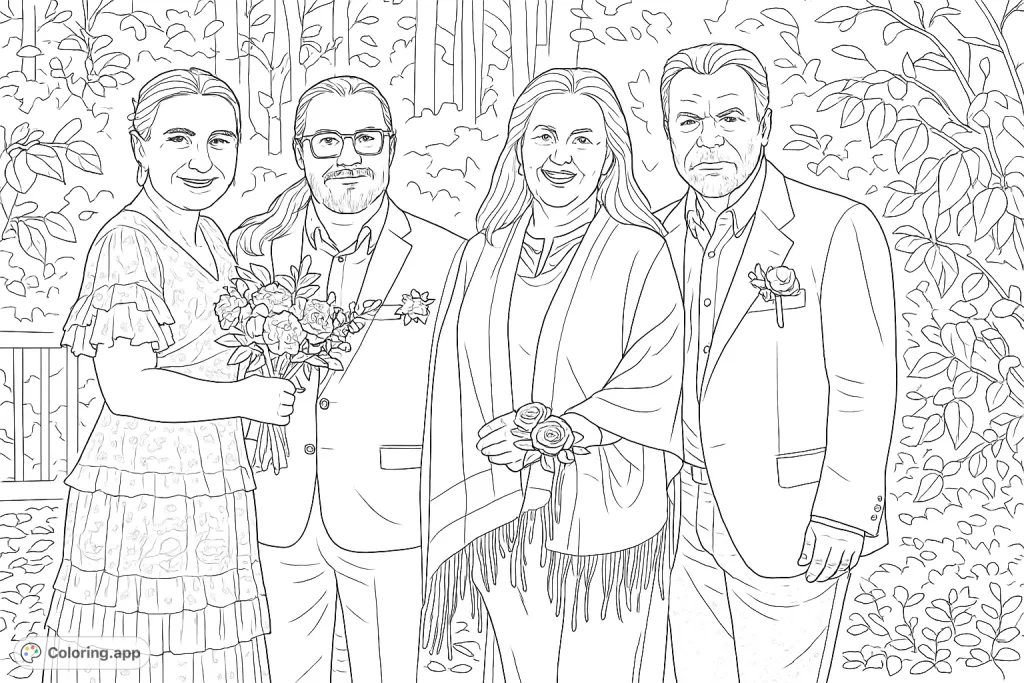 Capture a heartwarming family moment with four individuals posing outdoors, featuring detailed attire and a natural backdrop. A lovely family portrait.